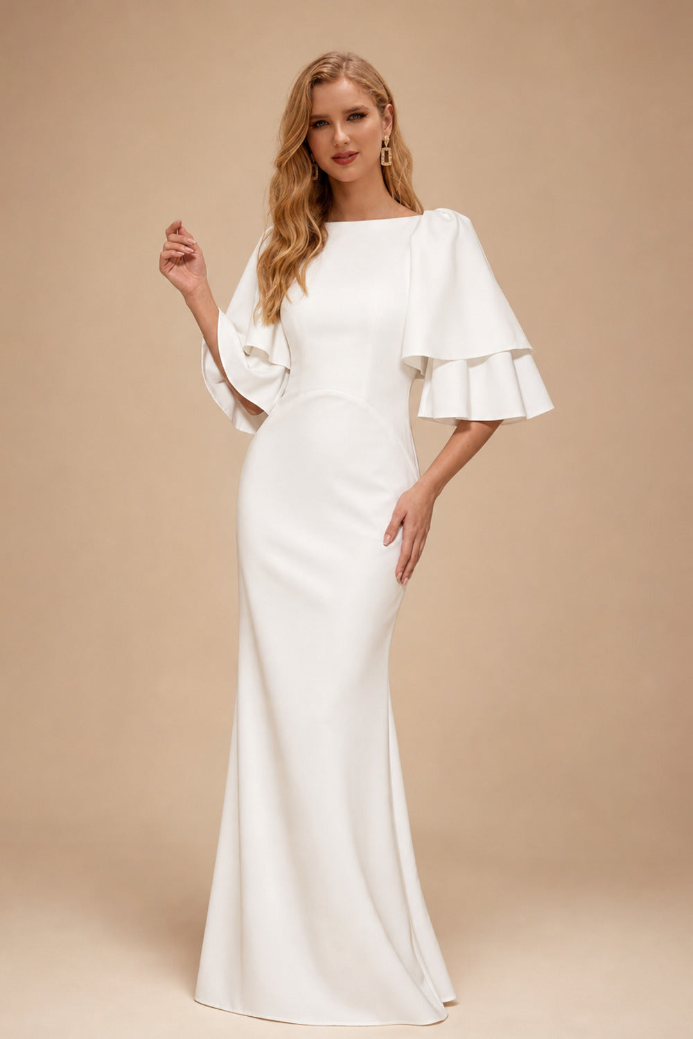 Rutipo Ivory Sheath/Column 1/2 Sleeves Floor-Length Matte Satin Wedding Dresses With Cascading Ruffles