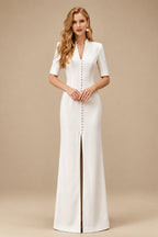 Rutipo Ivory Sheath/Column 1/2 Sleeves Floor-Length Elastic Satin Wedding Dresses With High Split