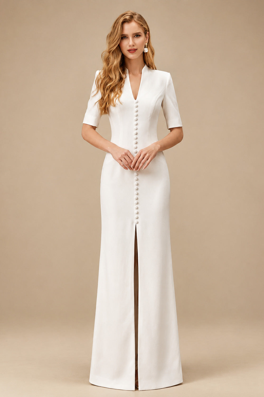 Rutipo Ivory Sheath/Column 1/2 Sleeves Floor-Length Elastic Satin Wedding Dresses With High Split