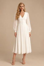 Rutipo Ivory A-Line V-Neck Long Sleeves Tea-Length Chiffon Wedding Dresses