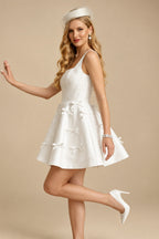 Rutipo White A-Line Square Neckline Sleeveless Short/Mini Twill Satin Wedding Dresses With Bows