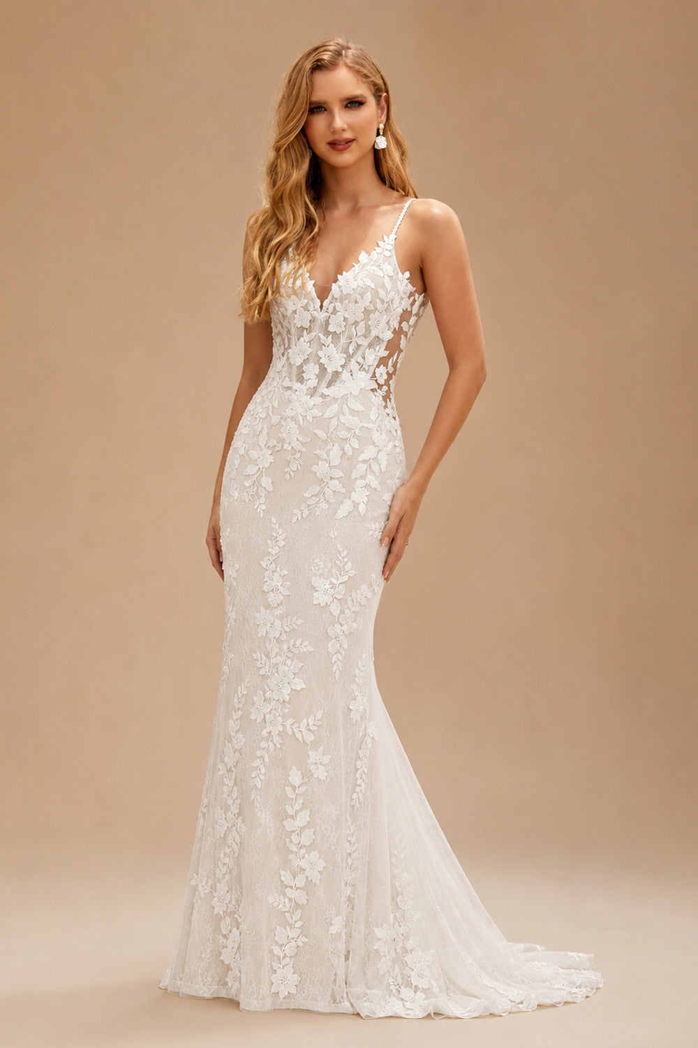 Rutipo Ivory Trumpet/Mermaid Plunge Neck Sleeveless Court Train Lace/Tulle Wedding Dresses With Appliques Lace