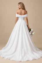 Rutipo White Ball-Gown Off-The-Shoulder Sleeveless Court Train Satin/Tulle Wedding Dresses With Pleated