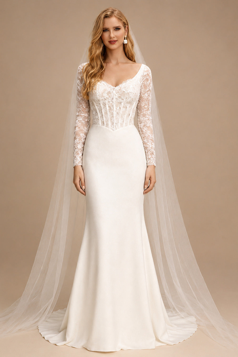 Rutipo Ivory Trumpet/Mermaid Sweetheart Long Sleeves Sweep Train Lace/Elastic Satin Wedding Dresses