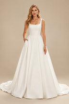 Rutipo Ivory A-Line Square Neckline Sleeveless Court Train Satin Wedding Dresses With Pleated