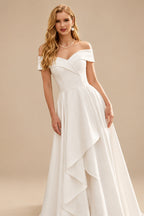 Rutipo Ivory Ball-Gown Off-The-Shoulder Asymmetrical Elastic Satin Wedding Dresses
