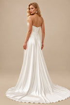 Rutipo Ivory Trumpet/Mermaid Strapless Sleeveless Court Train Matte Satin Wedding Dresses With High Split