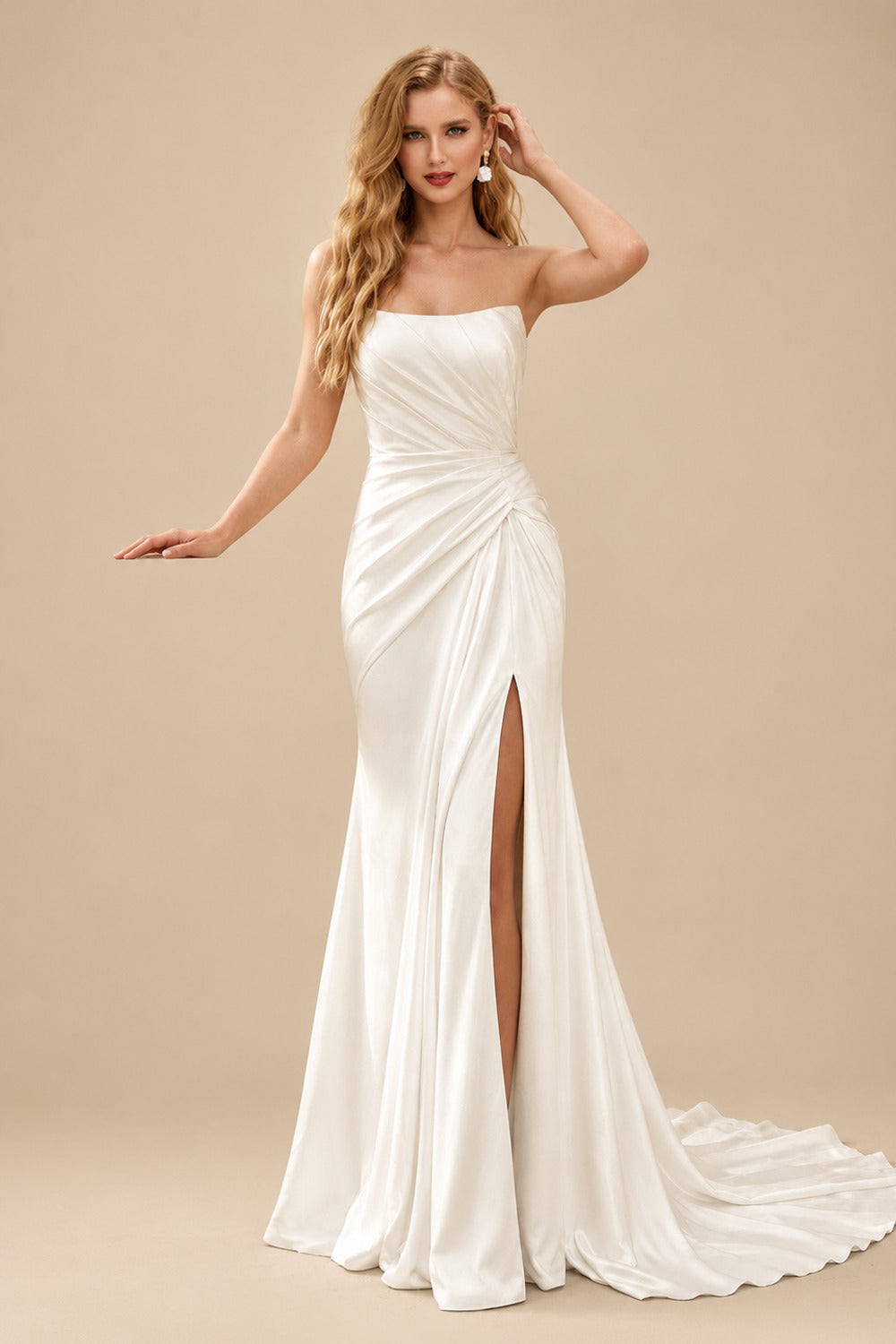 Rutipo Ivory Trumpet/Mermaid Strapless Sleeveless Court Train Matte Satin Wedding Dresses With High Split