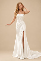 Rutipo Ivory Trumpet/Mermaid Strapless Sleeveless Court Train Matte Satin Wedding Dresses With High Split