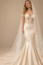 Rutipo As Picture Trumpet/Mermaid Off-The-Shoulder Chapel Train Matte Satin Wedding Dresses With Beading