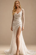 Rutipo As Picture Trumpet/Mermaid Cowl Neck Long Sleeves Sweep Train Wedding Dresses With Split Front