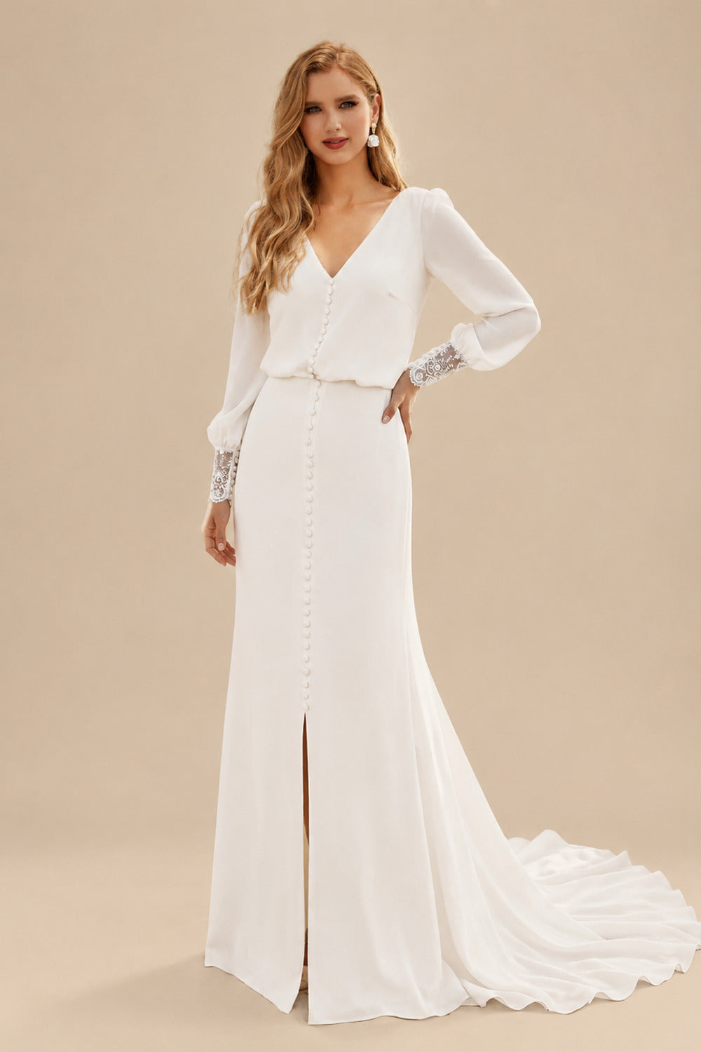 Rutipo Ivory V-Neck Long Sleeves Floor-Length Elastic Satin Wedding Dresses With Split Front/Lace