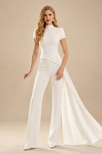 Rutipo Ivory Jumpsuit/Pantsuit High Neck Short Sleeves Floor-Length Elastic Satin Wedding Dresses With Sweeping Side Drape