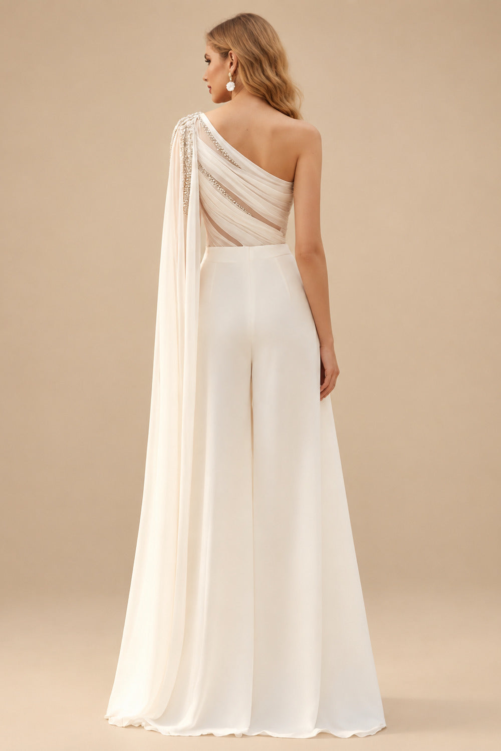 Rutipo Ivory Jumpsuit/Pantsuit One-Shoulder Cape Sleeves Floor-Length Chiffon Wedding Dresses With Beading/Rhinestone