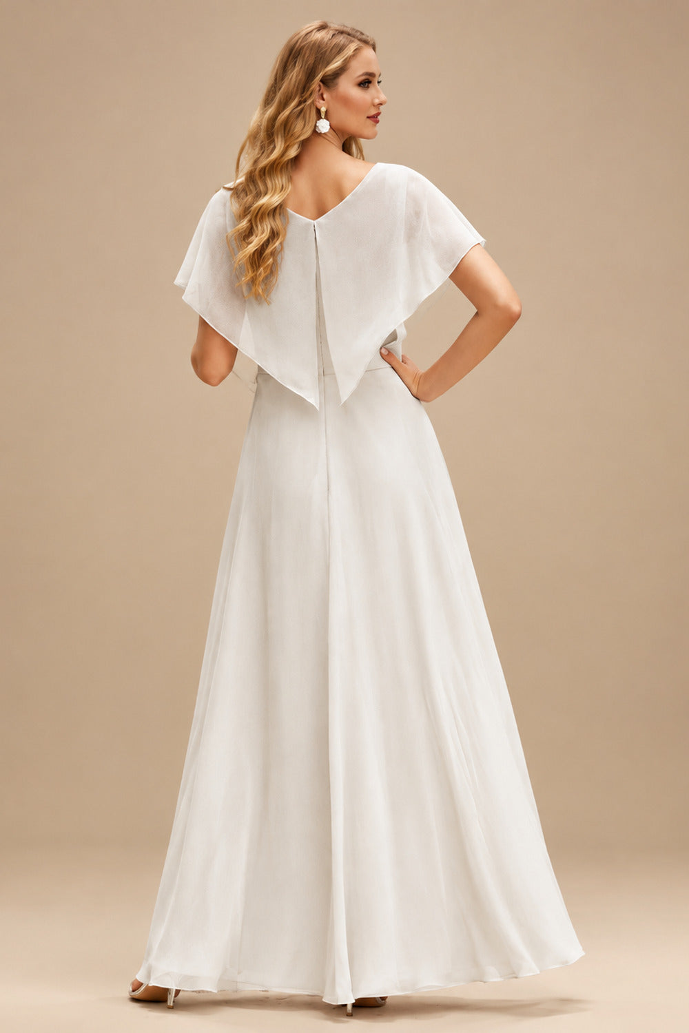 Rutipo Ivory Jumpsuit/Pantsuit One-Shoulder Cape Sleeves Floor-Length Chiffon Wedding Dresses With Beading/Rhinestone