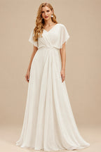 Rutipo Ivory Jumpsuit/Pantsuit One-Shoulder Cape Sleeves Floor-Length Chiffon Wedding Dresses With Beading/Rhinestone