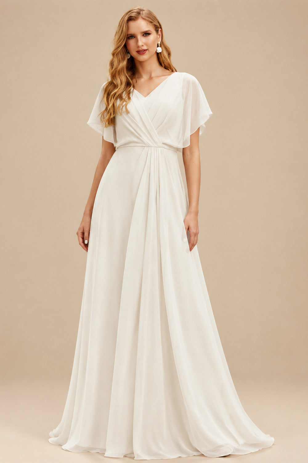 Rutipo Ivory Jumpsuit/Pantsuit One-Shoulder Cape Sleeves Floor-Length Chiffon Wedding Dresses With Beading/Rhinestone
