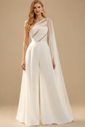 Rutipo Ivory Jumpsuit/Pantsuit One-Shoulder Cape Sleeves Floor-Length Chiffon Wedding Dresses With Beading/Rhinestone