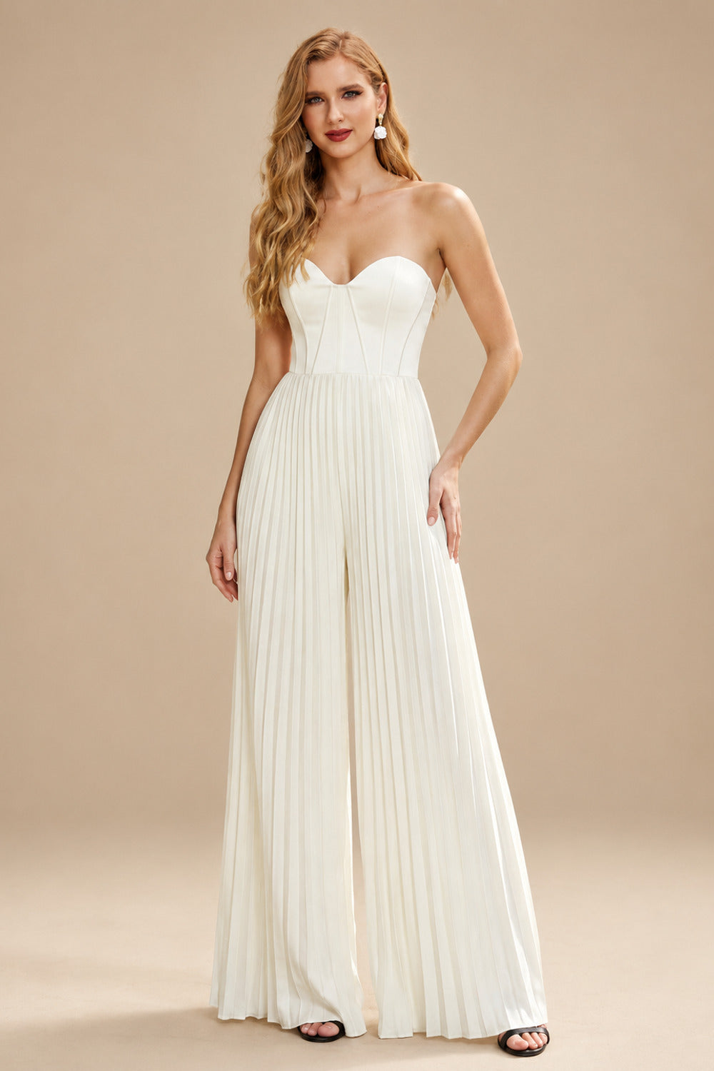 Rutipo Ivory Jumpsuit/Pantsuit Strapless Floor-Length Elastic Satin Wedding Dresses With Pleated