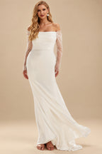 Rutipo Ivory Mermaid Off-The-Shoulder Long Sleeves Court Train Crepe Satin Detachable Shawl Wedding Dress