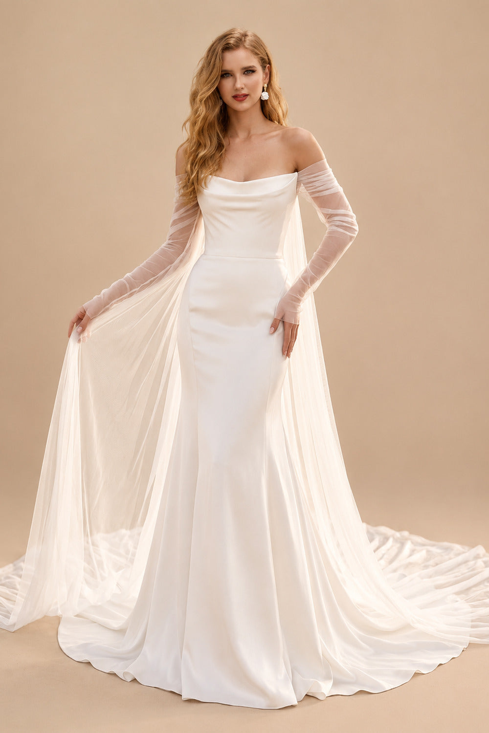 Rutipo Ivory Mermaid Off-The-Shoulder Long Sleeves Court Train Crepe Satin Detachable Shawl Wedding Dress
