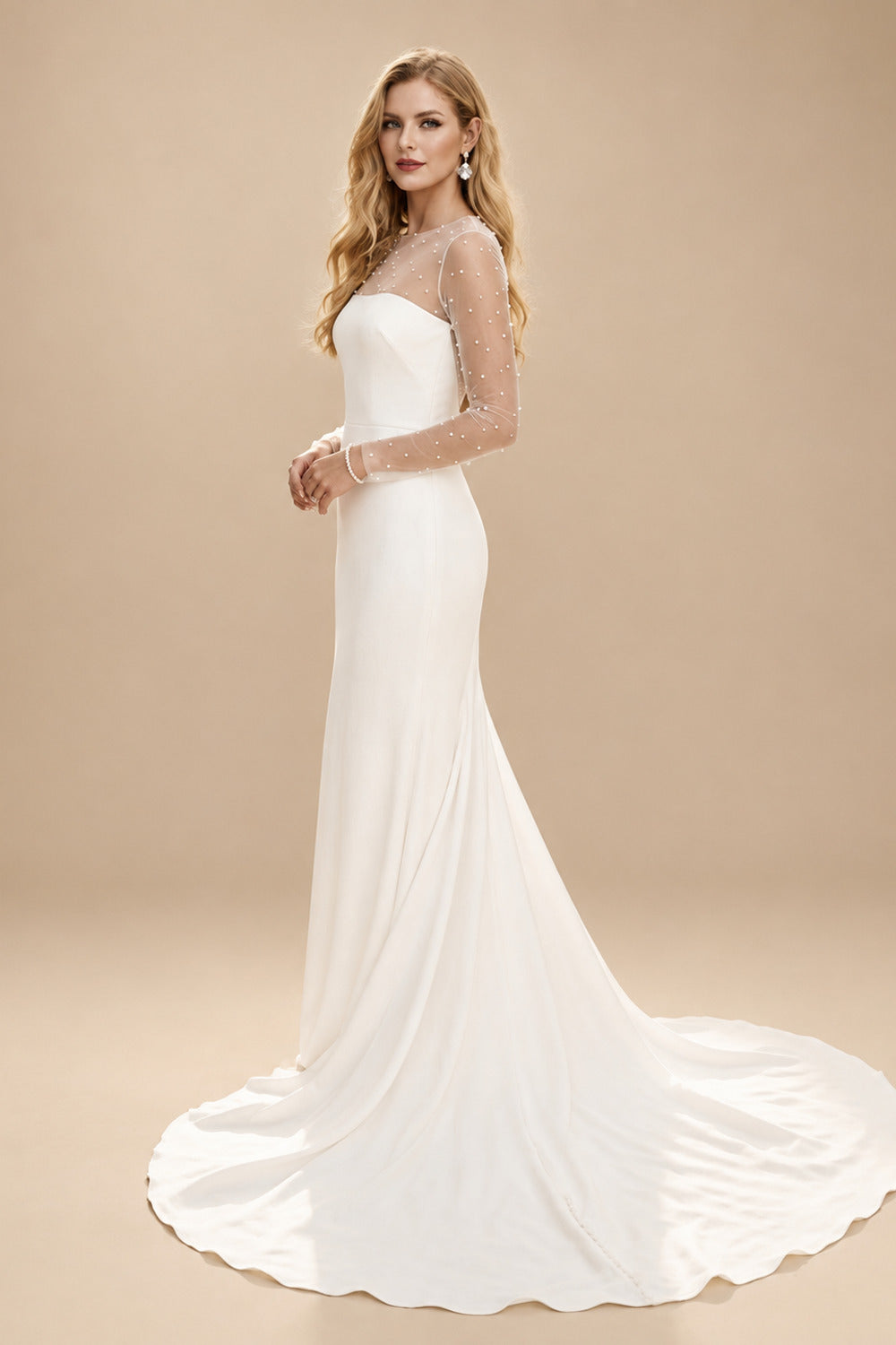 Rutipo Ivory Sheath/Column Scoop Neck Long Sleeves Sweep Train Crepe Satin With Beading Wedding Dress