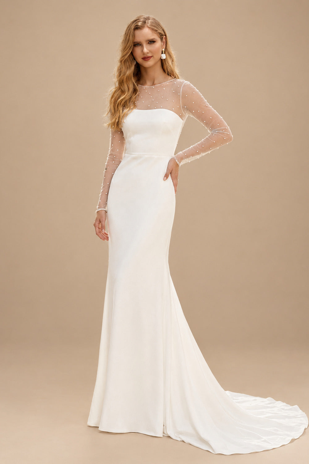 Rutipo Ivory Sheath/Column Scoop Neck Long Sleeves Sweep Train Crepe Satin With Beading Wedding Dress