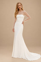 Rutipo Ivory Sheath/Column Scoop Neck Long Sleeves Sweep Train Crepe Satin With Beading Wedding Dress