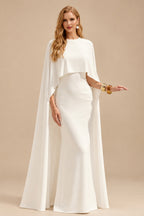 Rutipo Ivory Sheath/Column Scoop Neck Cape Sleeves Floor-Length Stretch Chiffon Wedding Dress