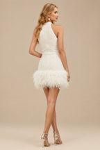 Rutipo Ivory Sheath/Column Halter Sleeveless Knee-Length Sequined Wedding Dress With Sequins