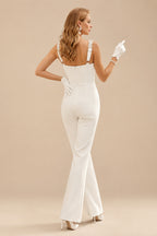 Rutipo Ivory Jumpsuit/Pantsuit Beading Square Neckline Sleeveless Floor-Length Elastic Satin Wedding Dress With Beading