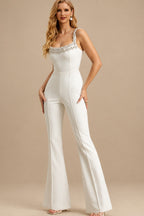 Rutipo Ivory Jumpsuit/Pantsuit Beading Square Neckline Sleeveless Floor-Length Elastic Satin Wedding Dress With Beading