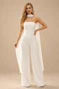 Rutipo Ivory Jumpsuit/Pantsuit Halter Sleeveless Floor-Length Chiffon/Elastic Satin Wedding Dress