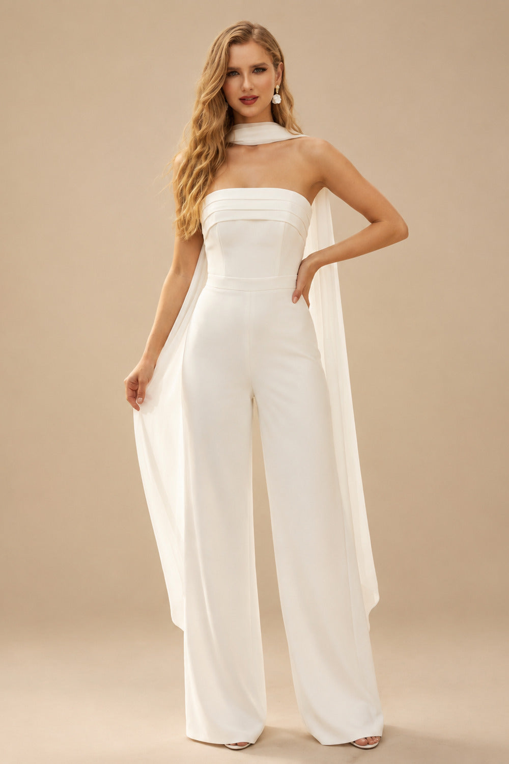 Rutipo Ivory Jumpsuit/Pantsuit Halter Sleeveless Floor-Length Chiffon/Elastic Satin Wedding Dress