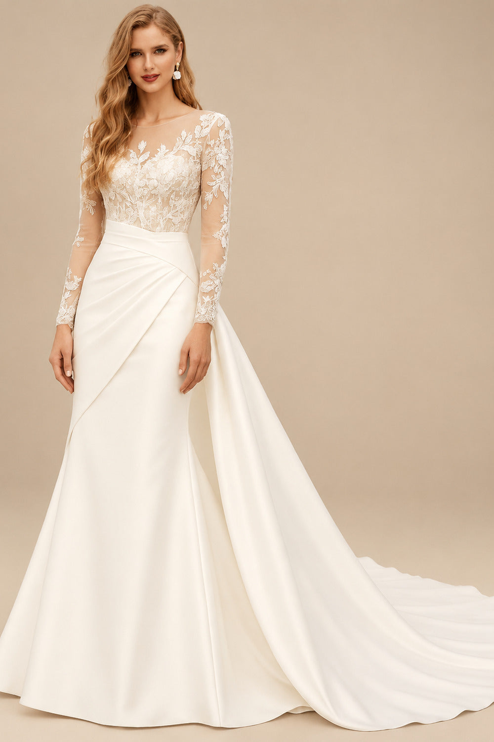 Rutipo Ivory Trumpet/Mermaid Illusion Neck Long Sleeves Sweep Train Matte Satin Wedding Dresses With Appliques