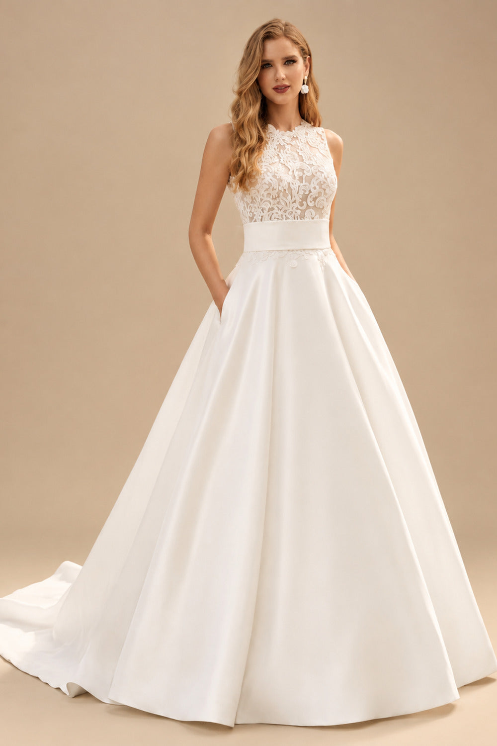 Rutipo Ivory Ball-Gown High Neck Sleeveless Chapel Train Lace With Bow /Pockets Wedding Dress