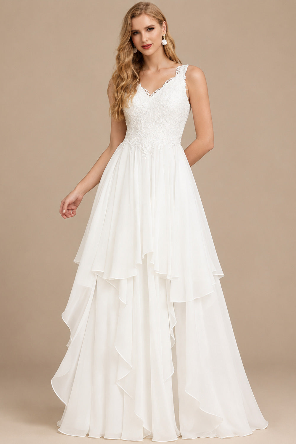 Rutipo Ivory A-Line V-Neck Sleeveless Floor-Length Chiffon/Lace With Lace Wedding Dress