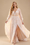 Rutipo As Picture Elegant V-Neck Long Sleeves High Split A-Line Sweep Train Lace Wedding Dresses
