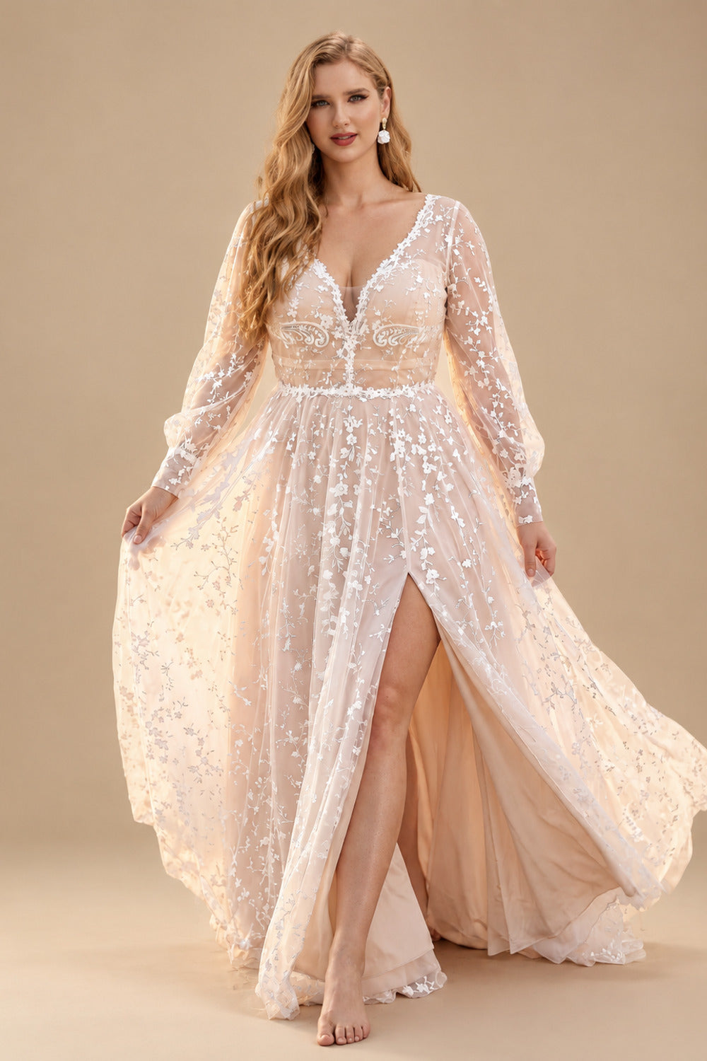 Rutipo As Picture Elegant V-Neck Long Sleeves High Split A-Line Sweep Train Lace Wedding Dresses