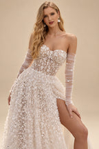 Rutipo As Picture A-Line Sweetheart Detachable Sleeves Court Train Lace Wedding Dresses With Appliques Lace/High Split