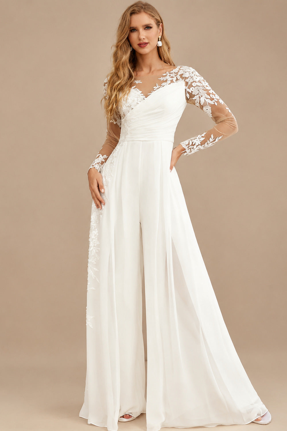 Rutipo Ivory Jumpsuit/Pantsuit Sweetheart Long Sleeves Floor-Length Bride Wedding Dress With Lace