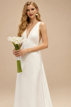Rutipo Ivory Ball-Gown Plunge Neck Sleeveless Chapel Train Crepe Satin Bride Wedding Dress