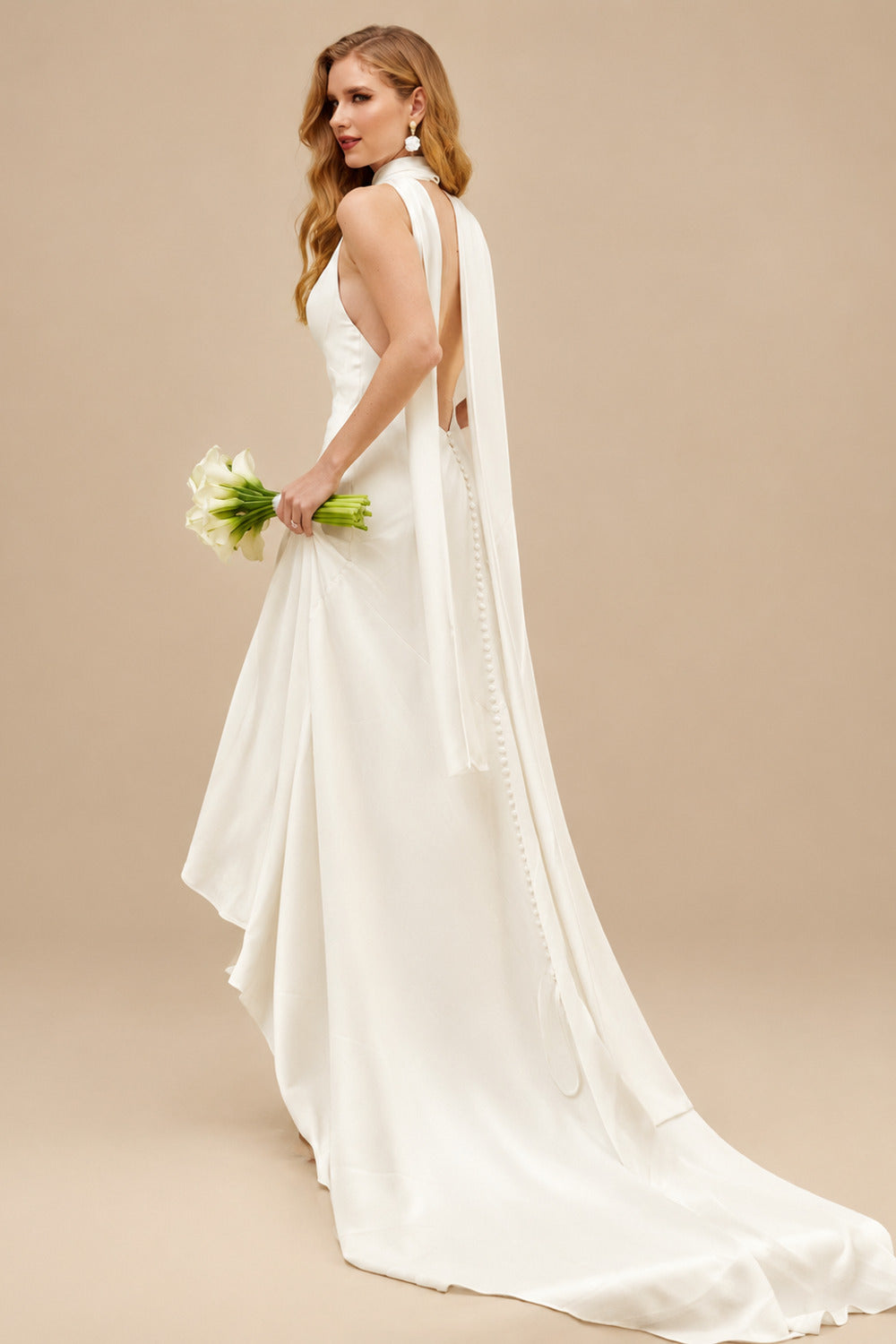 Rutipo Ivory Ball-Gown Plunge Neck Sleeveless Chapel Train Crepe Satin Bride Wedding Dress