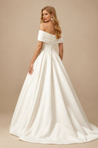 Rutipo Ivory Ball-Gown Sweetheart Detachable Sleeves Chapel Train Twill Satin With Pockets Bride Wedding Dress