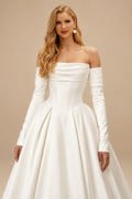 Rutipo Ivory Ball-Gown Sweetheart Detachable Sleeves Chapel Train Twill Satin With Pockets Bride Wedding Dress