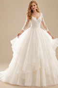 Rutipo Ivory Ball-Gown V-Neck 3/4 Sleeves Court Train Satin/Organza With Appliques Bride Wedding Dress