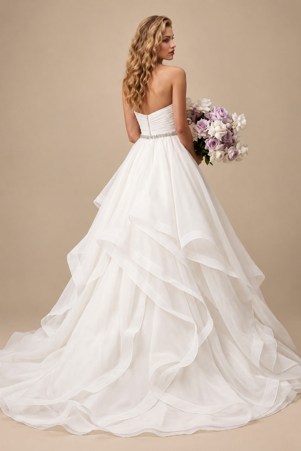 Rutipo Ivory Ball-Gown Sweetheart Sleeveless Chapel Train Satin/Organza Bride Wedding DressWith Cascading Ruffles