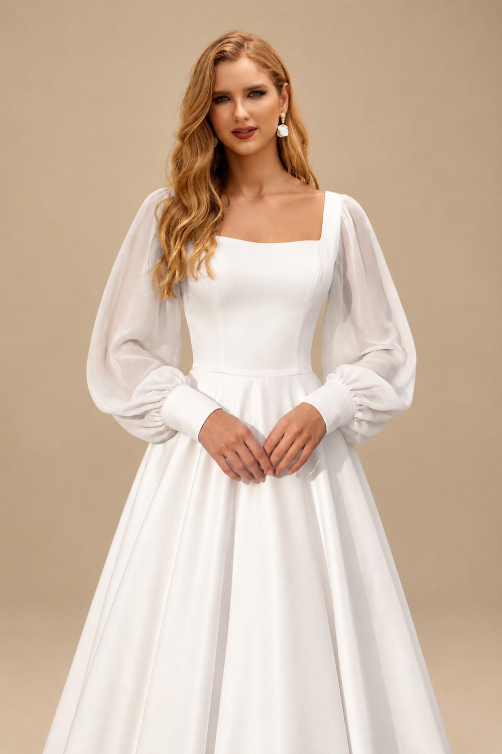 Rutipo Ivory A-Line Square Neckline Long Sleeves Floor-Length Chiffon/Elastic Satin Wedding Dresses