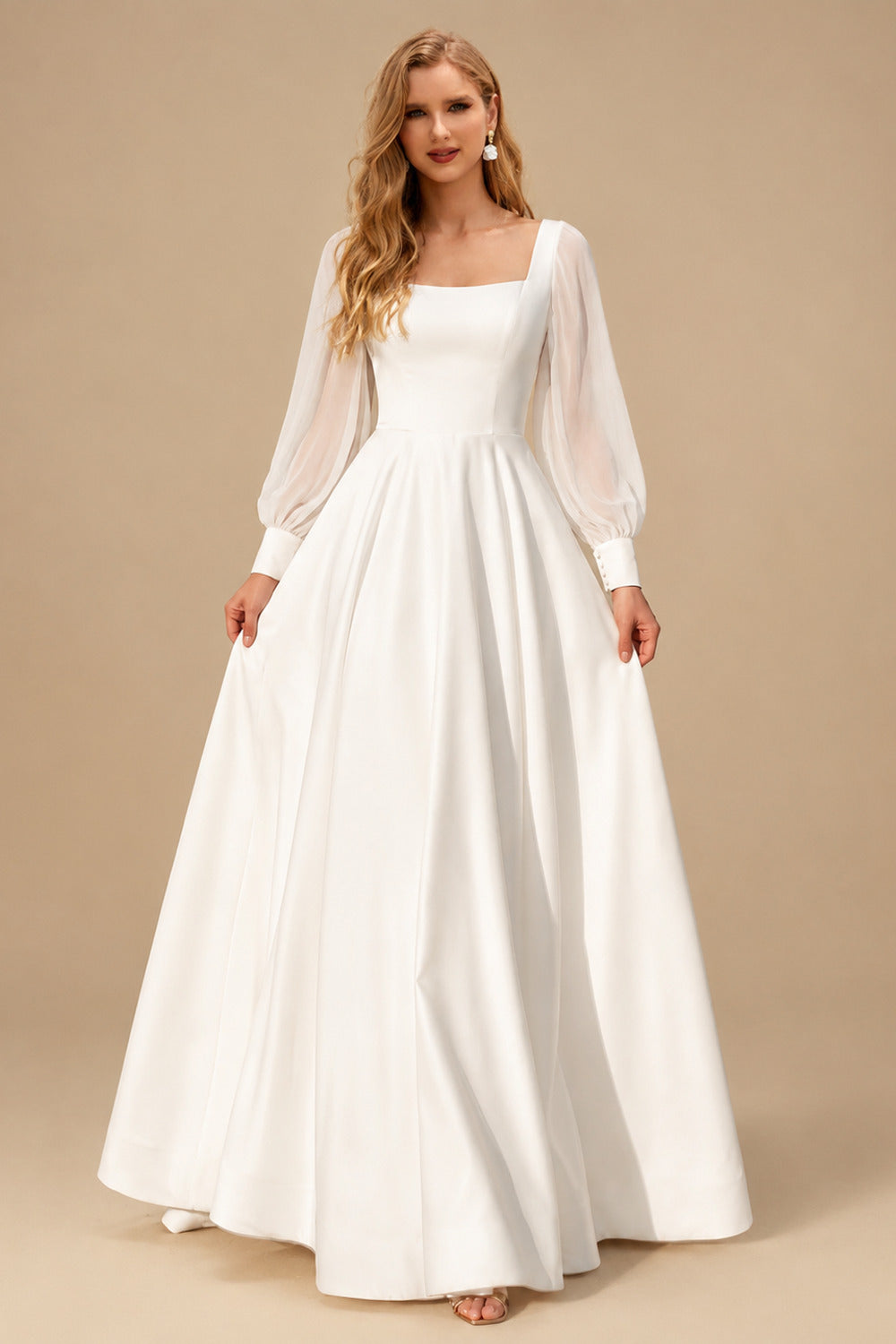 Rutipo Ivory A-Line Square Neckline Long Sleeves Floor-Length Chiffon/Elastic Satin Wedding Dresses