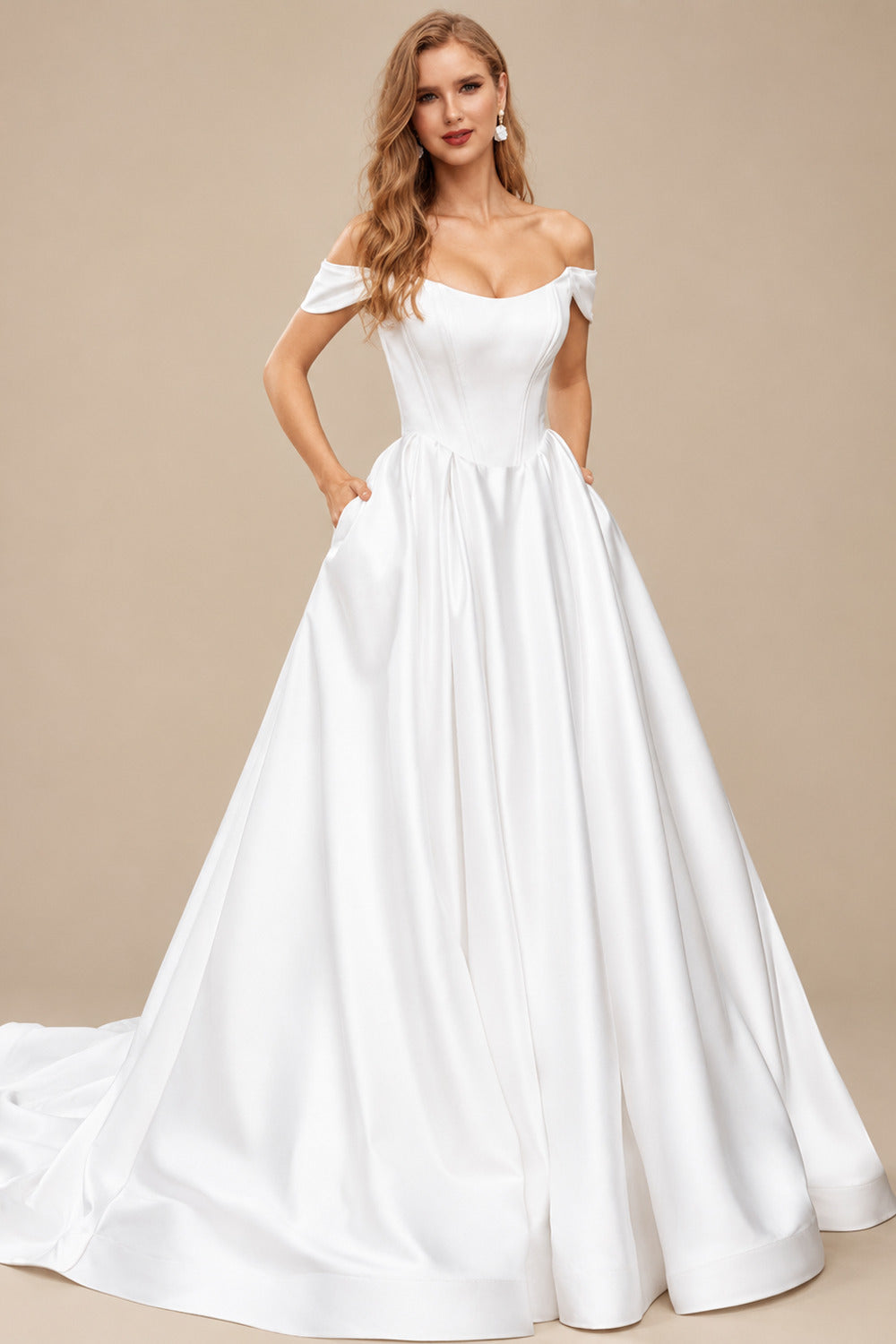 Rutipo White Ball-Gown Off-The-Shoulder Sleeveless Court Train Matte Satin Bride Wedding Dress With Pockets